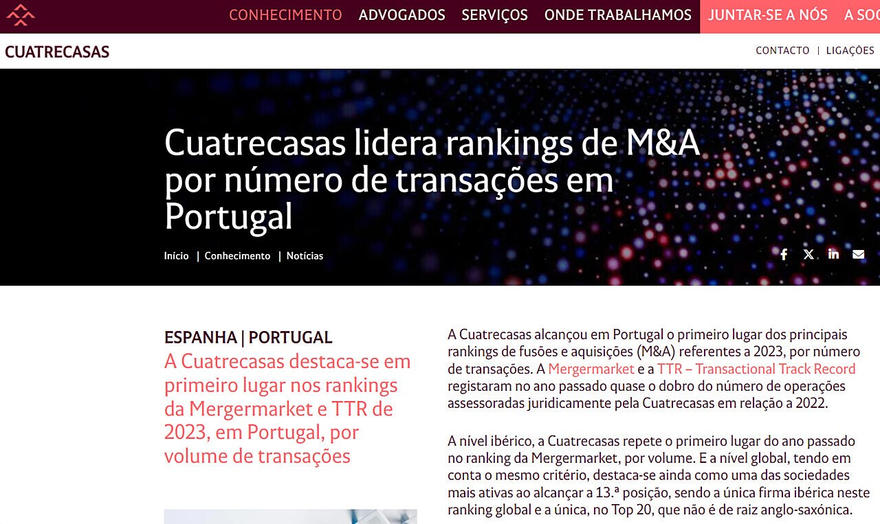 Cuatrecasas lidera rankings de M&A por número de transações em Portugal